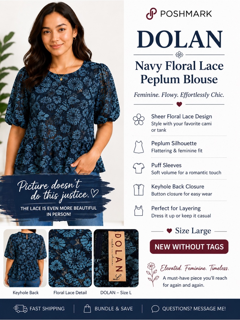 Dolan Sheer  Navy Floral Lace Peplum Top
